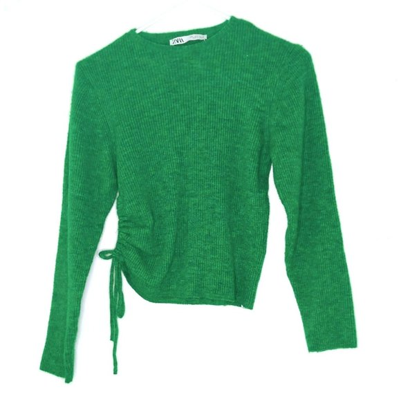 Zara Kelly Green Knit Ribbed Sweater Drawstring Ruched Side Womens Large - Picture 1 of 6